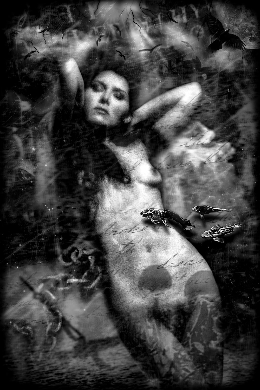A black and white composite photo of a naked woman.