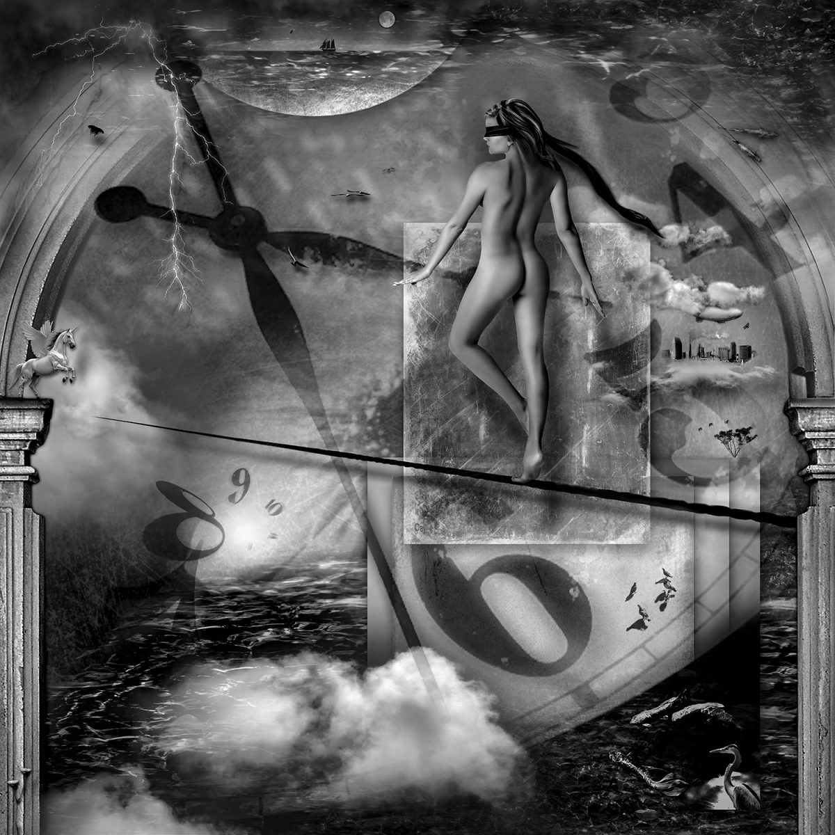 A composite photo of a nude woman standing in front of a clock and other various items.