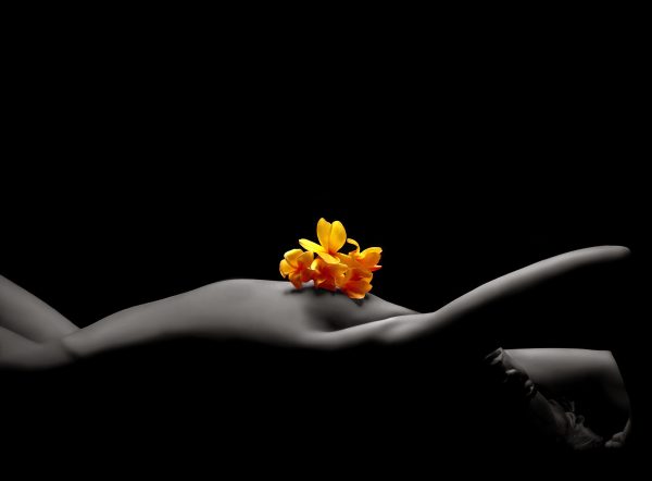 A naked woman laying on her back with a flower on her chest.