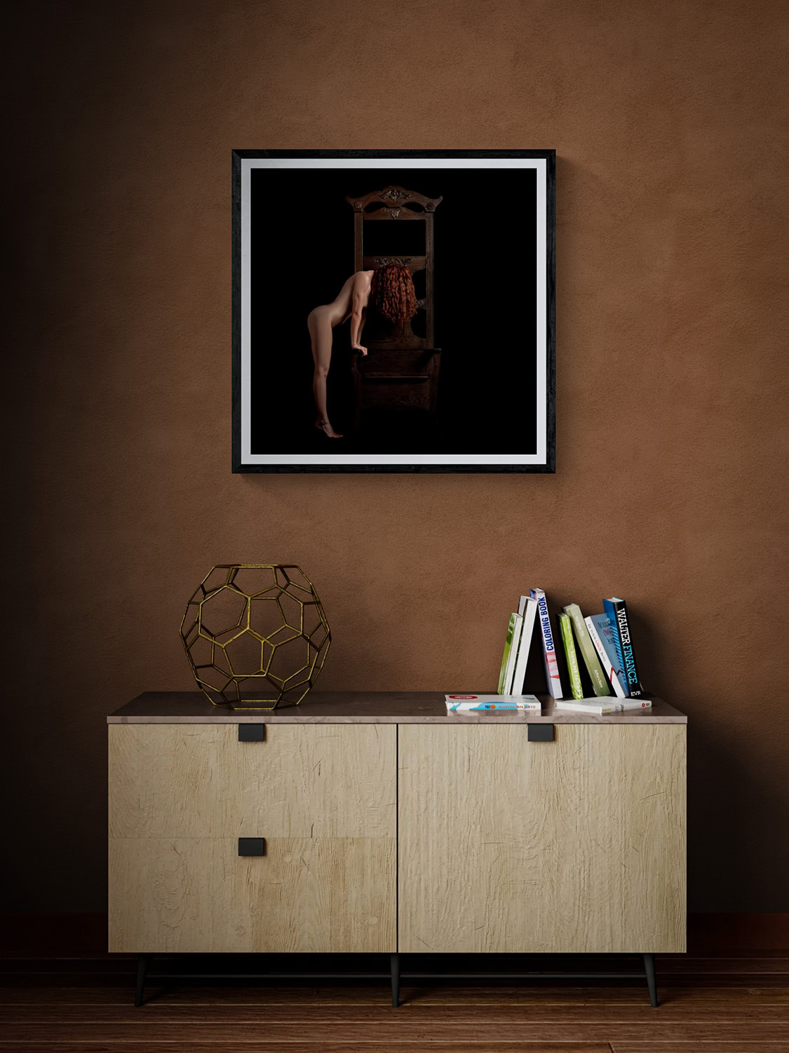 Romancing the Chair by Doug Heslep, displayed as framed fine art above a contemporary cabinet in a warm, modern interior
