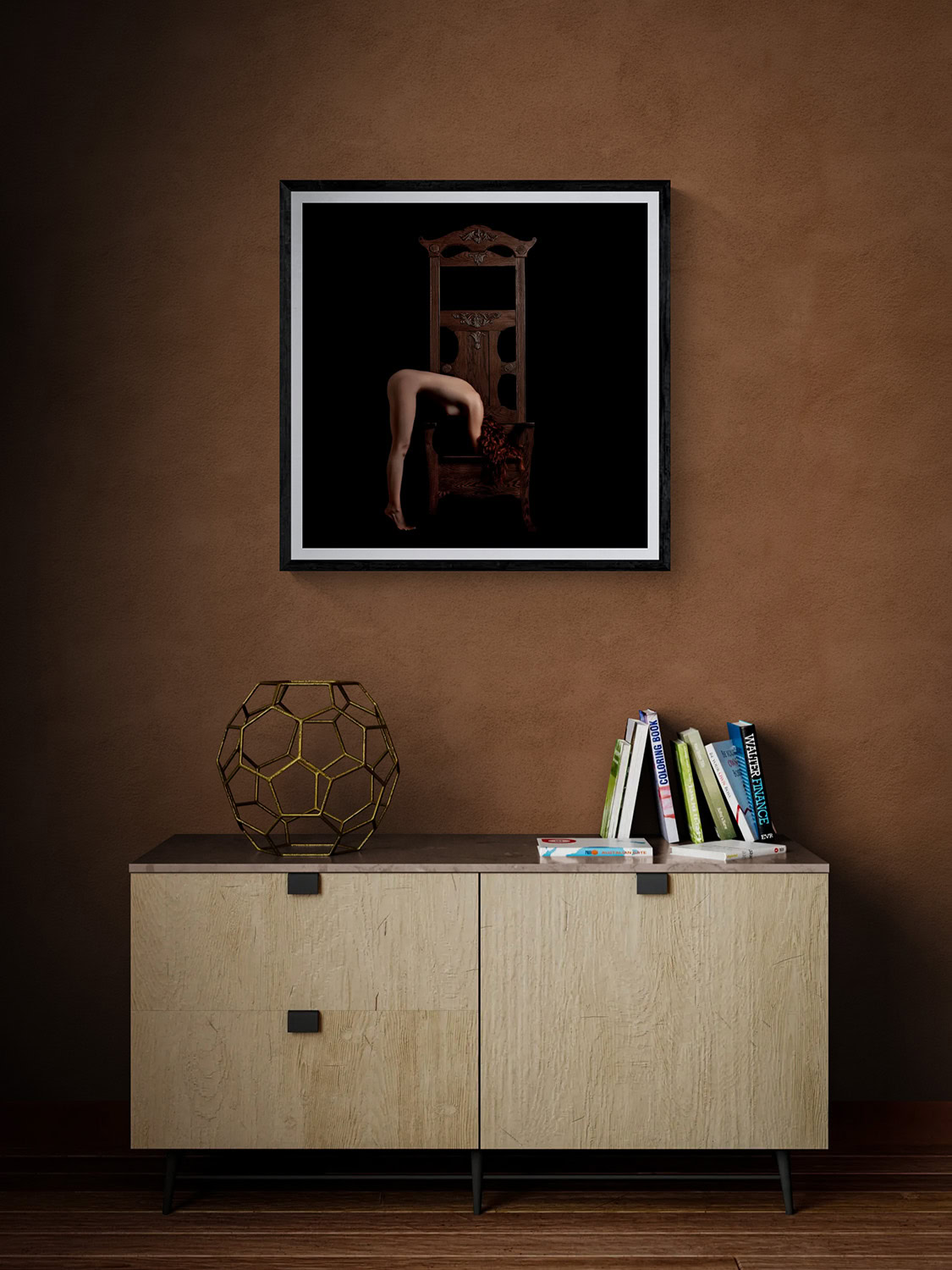 Romancing the Chair II by Doug Heslep, displayed as framed fine art above a contemporary cabinet in a warm, modern interior.
