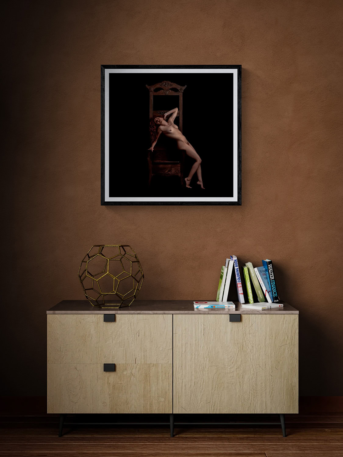 Romancing the Chair III by Doug Heslep, displayed as framed fine art above a contemporary cabinet in a warm, modern interior.