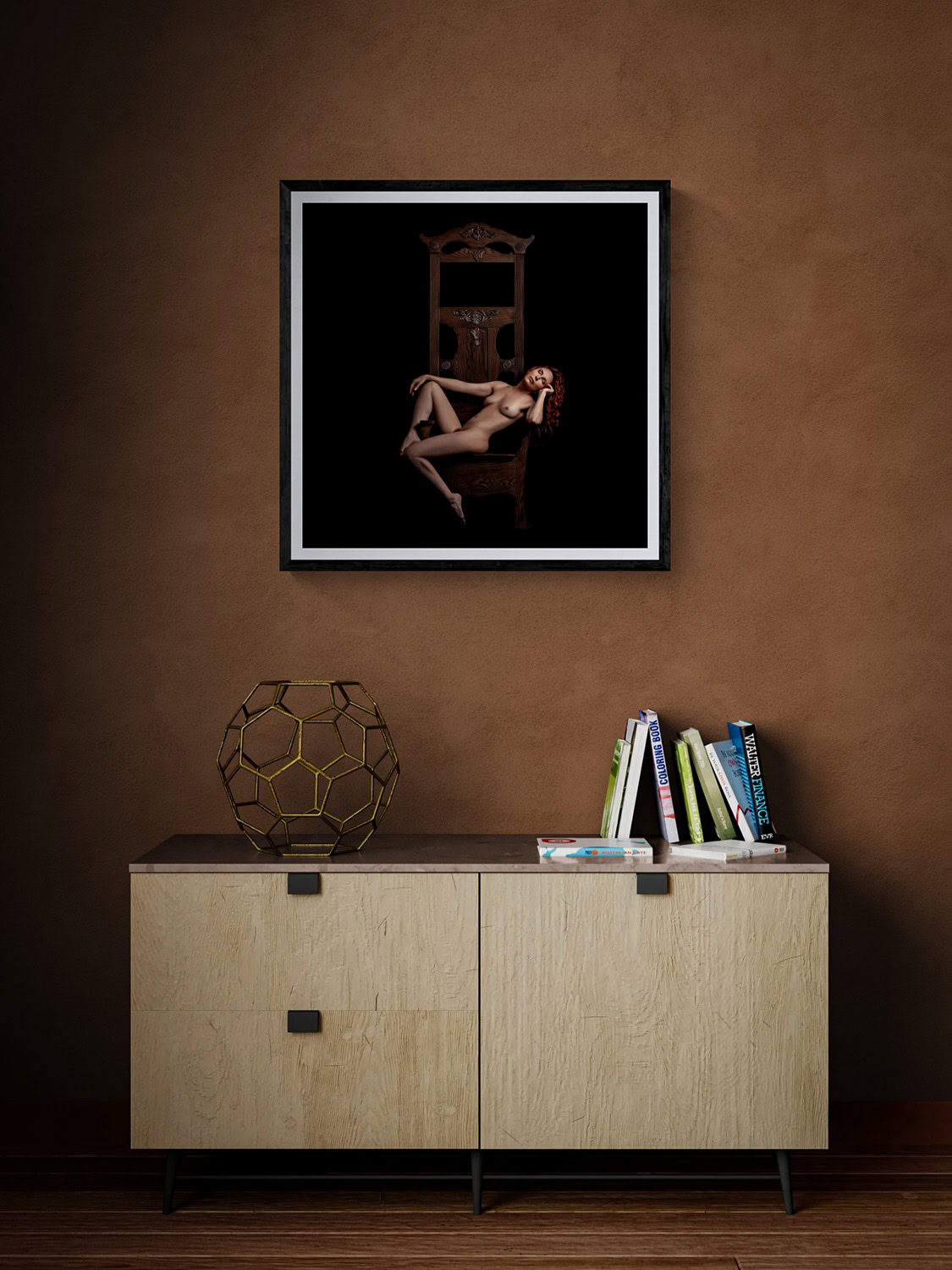 Romancing the Chair IV by Doug Heslep, displayed as framed fine art above a contemporary cabinet in a warm, modern interior.