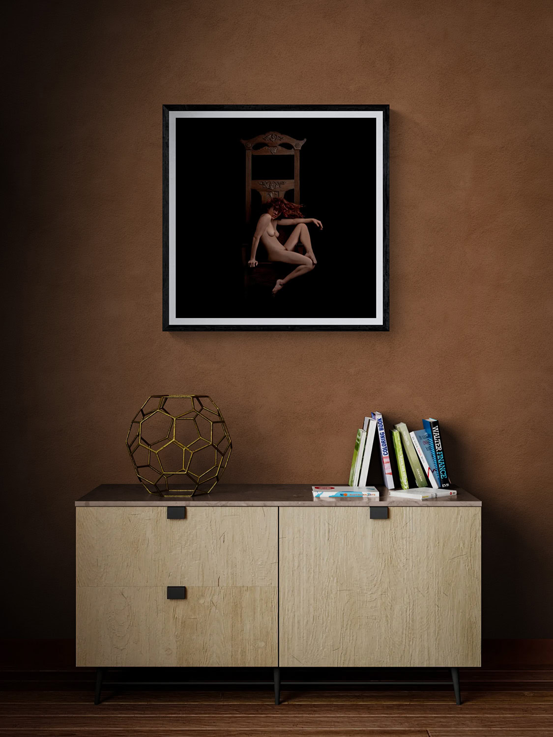 Romancing the Chair V by Doug Heslep, displayed as framed fine art above a contemporary cabinet in a warm, modern interior.