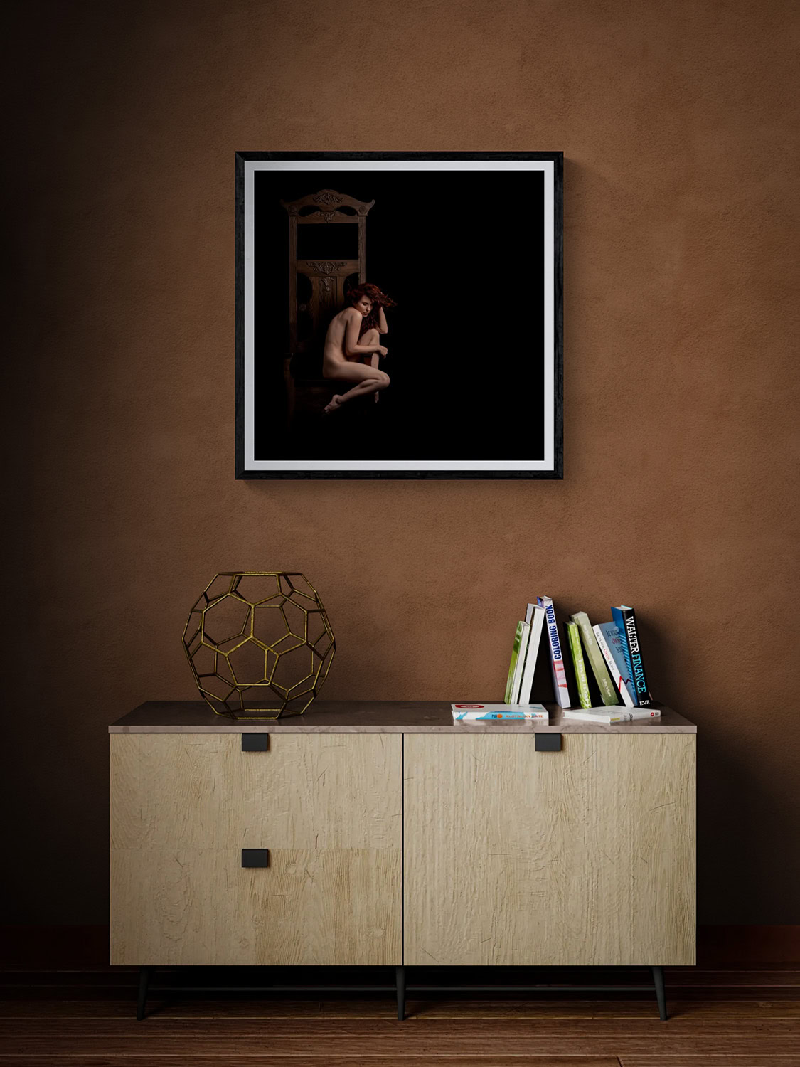 Romancing the Chair VI by Doug Heslep, displayed as framed fine art above a contemporary cabinet in a warm, modern interior.