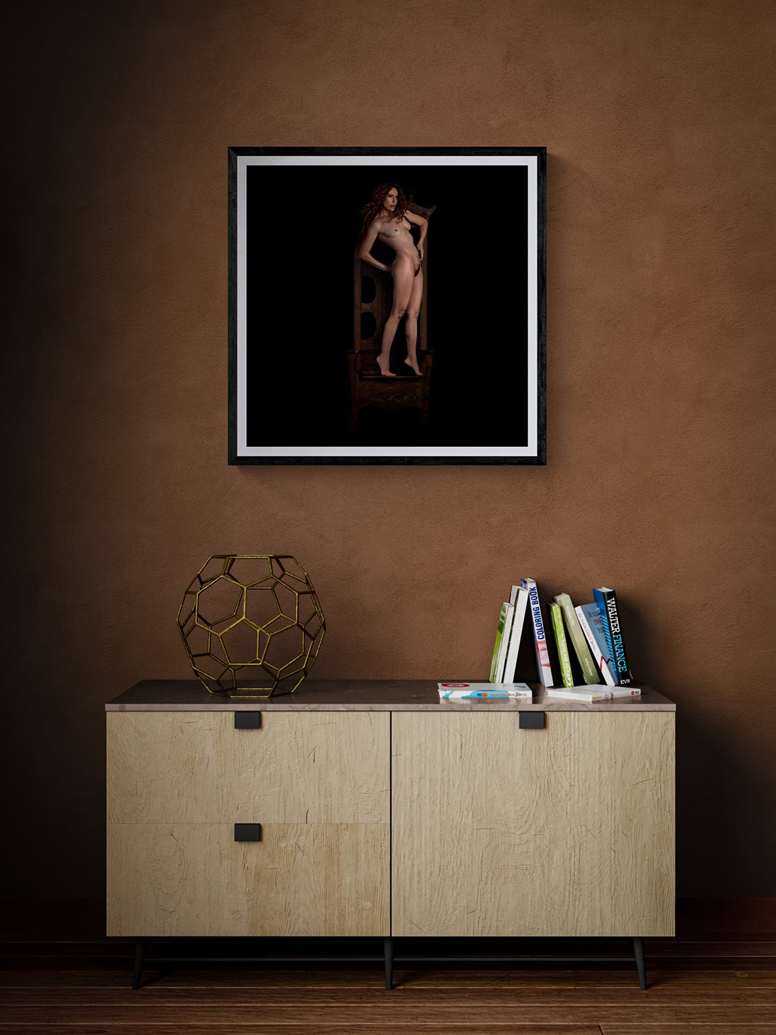 Romancing the Chair IX by Doug Heslep, displayed as framed fine art above a contemporary cabinet in a warm, modern interior.