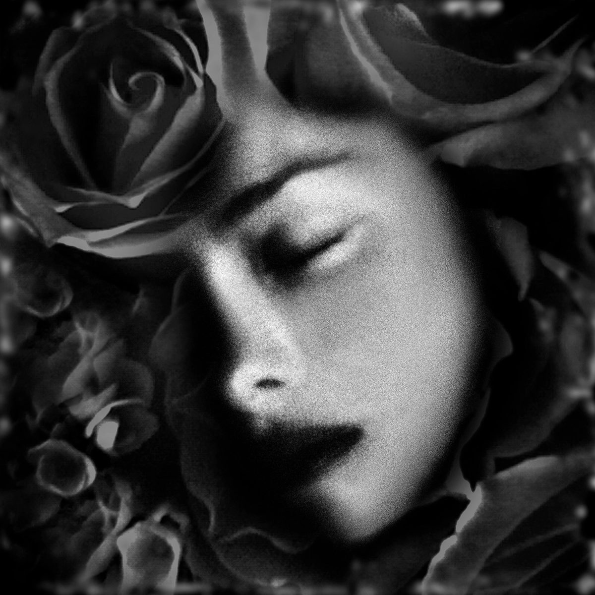 A black and white photo of a woman's face surrounded by roses.
