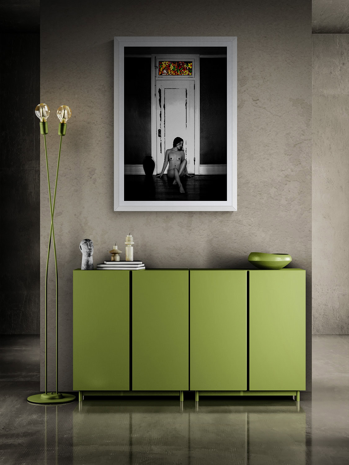 Stained Class by Doug Heslep, from Galerie Nu, displayed as framed fine art above a green contemporary cabinet in a modern interior.