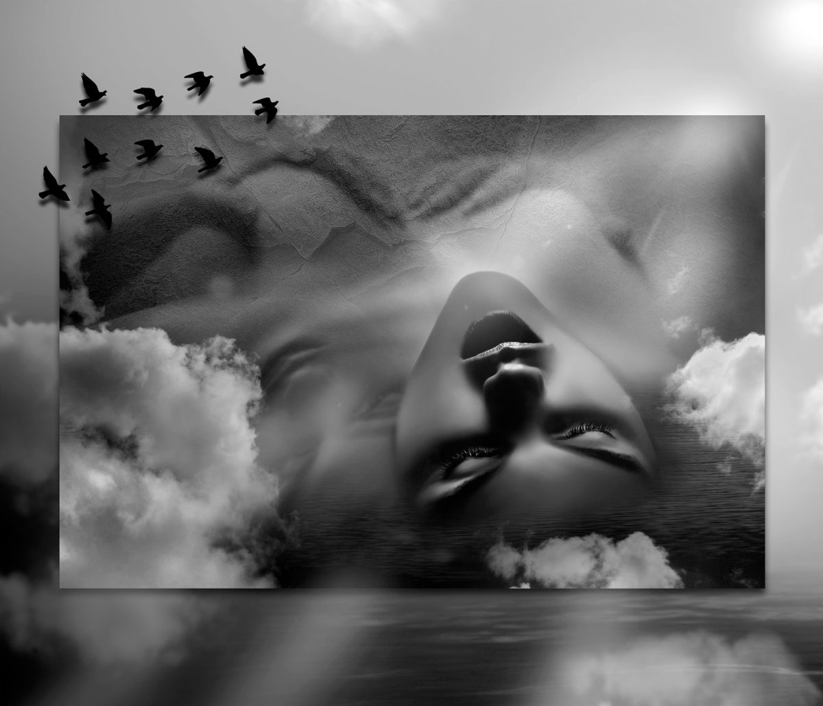 A black and white composite photo of a naked woman in the clouds with birds flying around her.