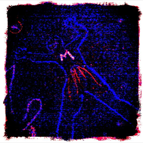 A blue and red drawing of a man in the ground.