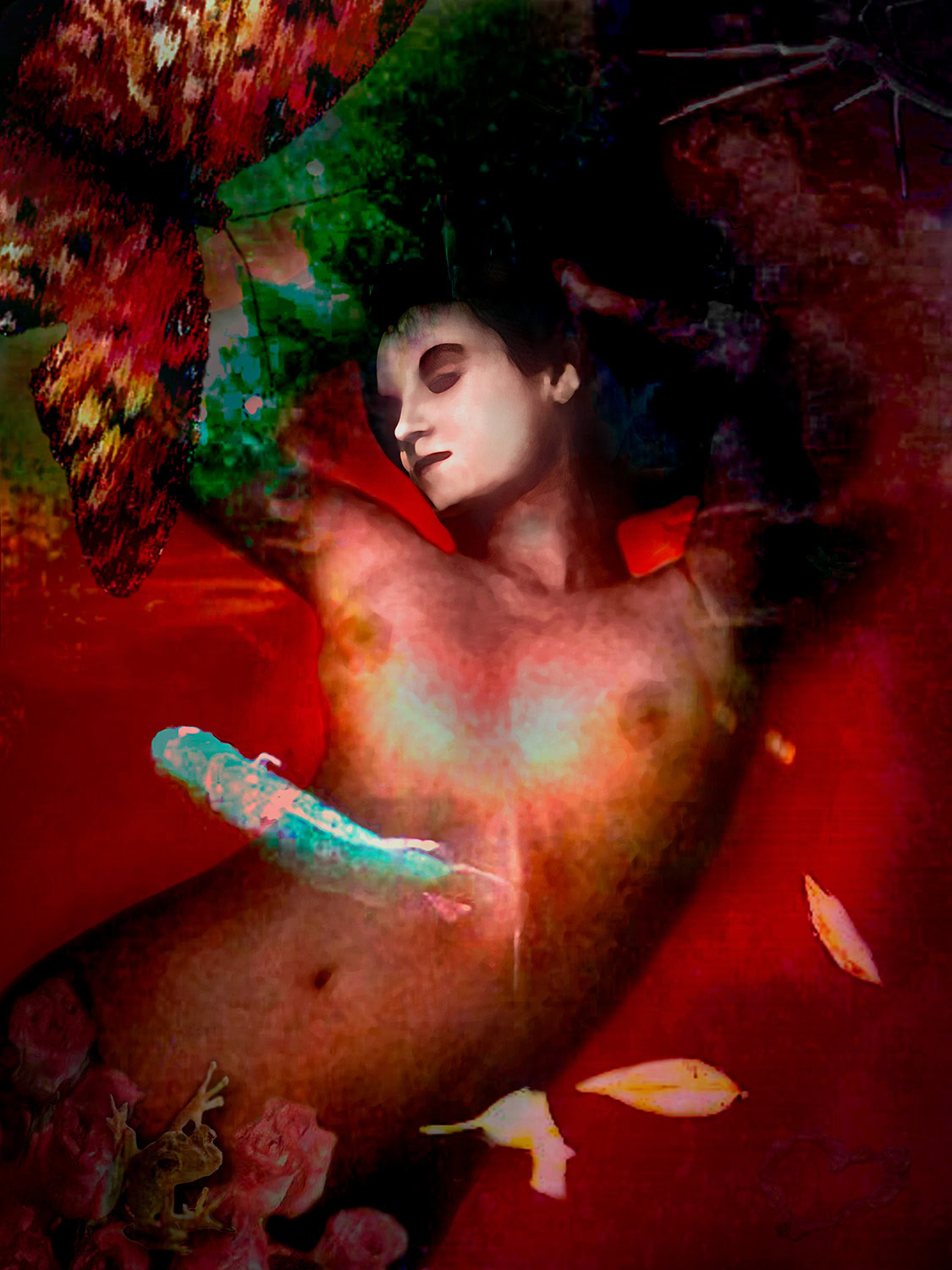 A woman with a butterfly on her head and other items against a red background.