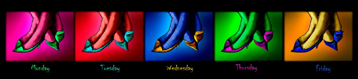 A montage of five artistic photographs of high heel shoes.