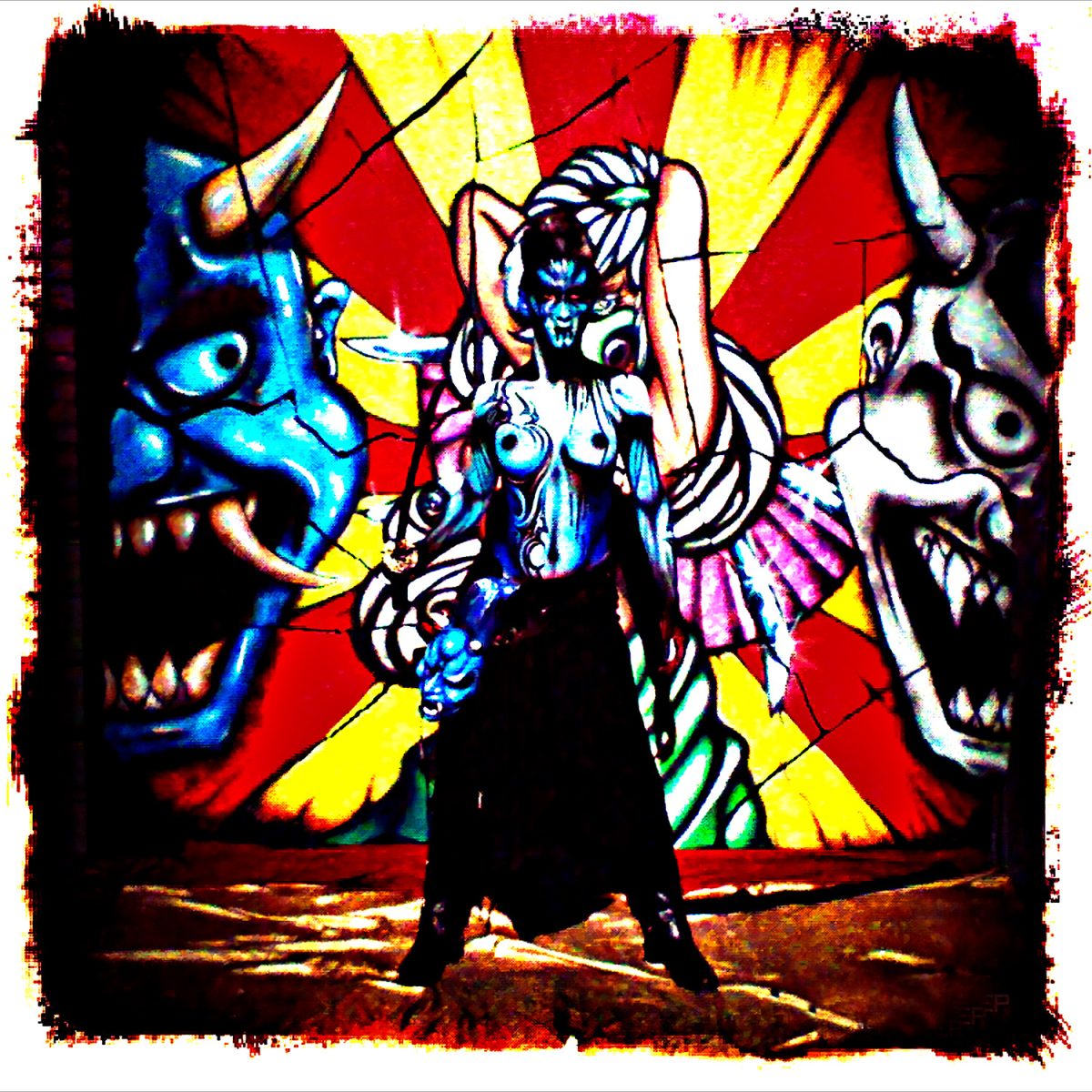A woman in a black dress standing in front of a colorful mural.