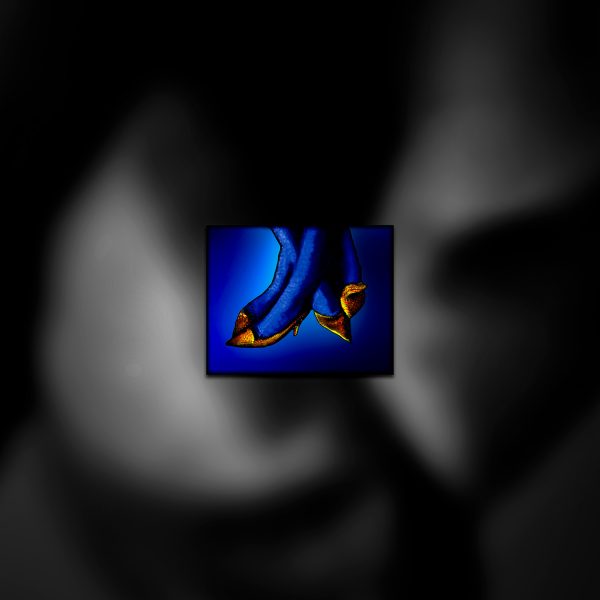Four blue legs with gold shoes against a blue background.
