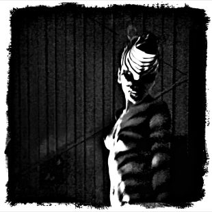 A black and white photo of a woman with a painted zebra body and head.