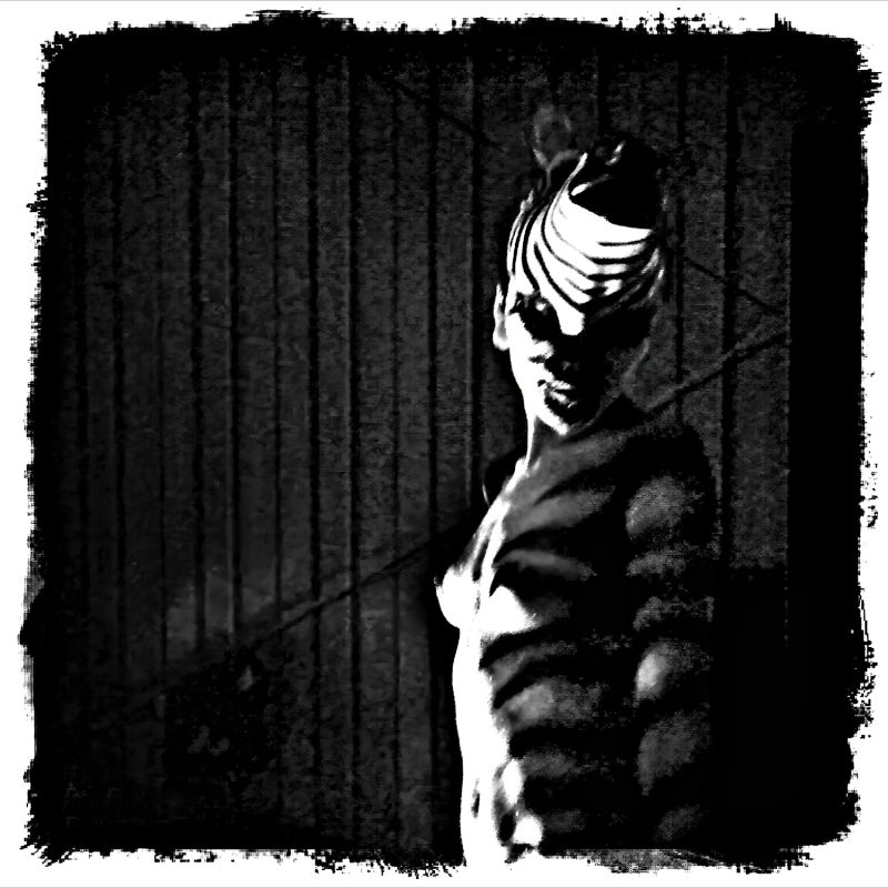 A black and white photo of a woman with a painted zebra body and head.