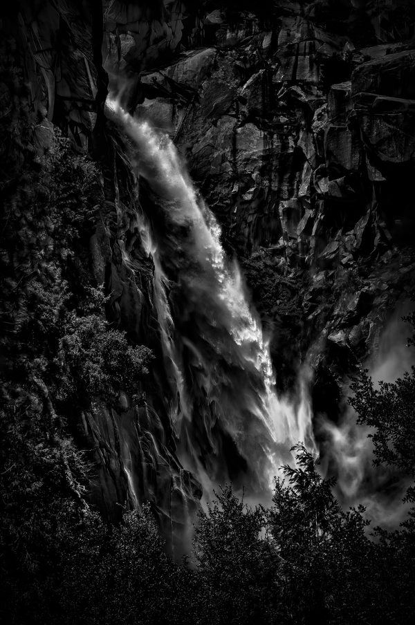 Dramatic black and white waterfall landscape photography by Doug Heslep, fine art collection.