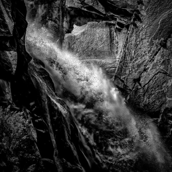 Cascade Falls in a black and white art piece, The Doug Heslep Fine Art Collection, showcases dynamic natural landscape photography.
