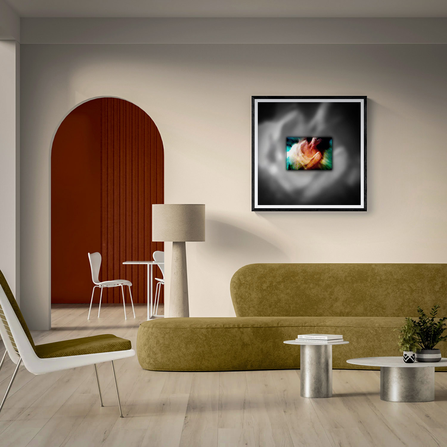 Modern art gallery featuring abstract artwork and contemporary furniture.