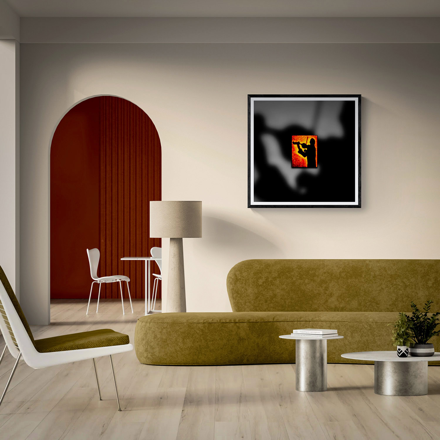 Contemporary art piece in a stylish modern living room setting.