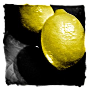 Bright yellow lemon with leaves, still life art from Dos Limones collection.