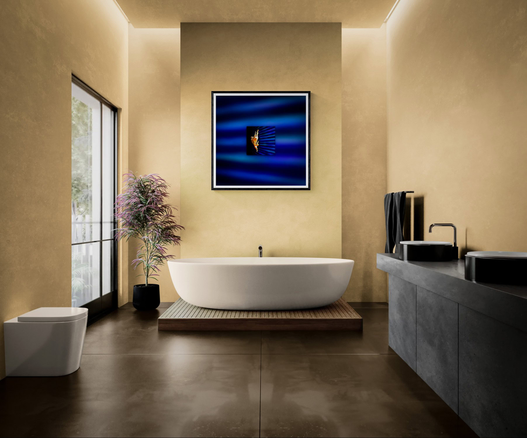 Contemporary bathroom with bathtub, artwork, and natural light.