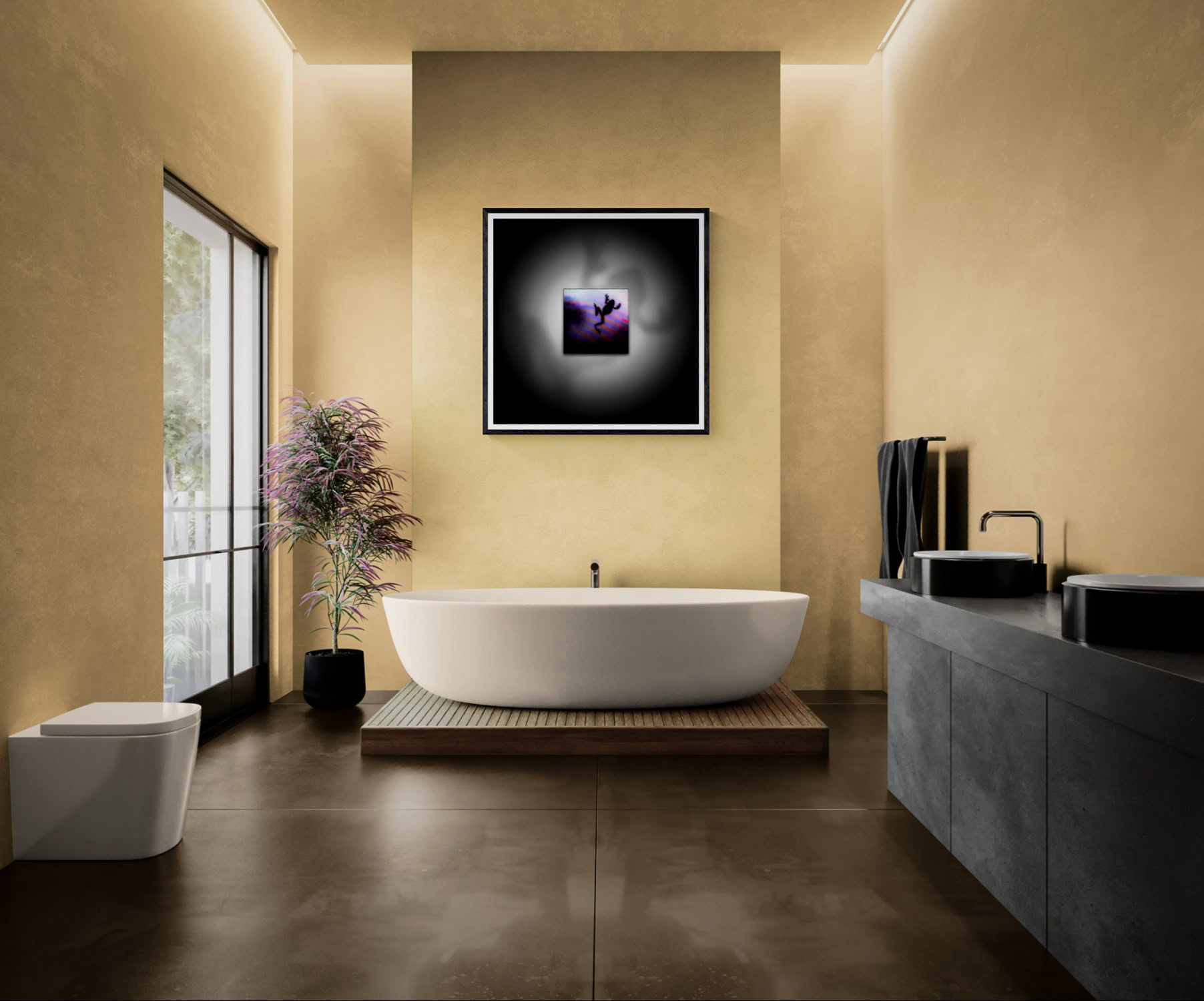 Contemporary bathroom with bathtub, artwork, and natural light.