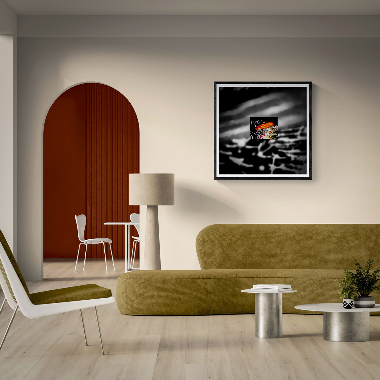 Contemporary living room with minimalist furniture and artwork on the wall.