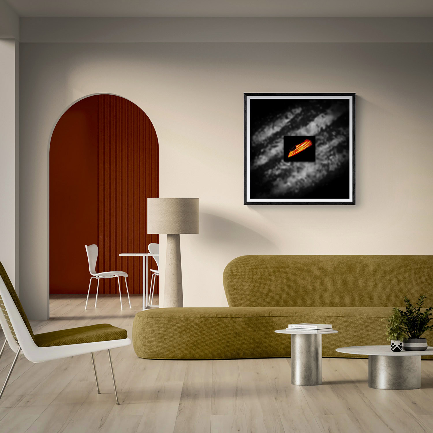 Contemporary art piece in a stylish modern living room setting.