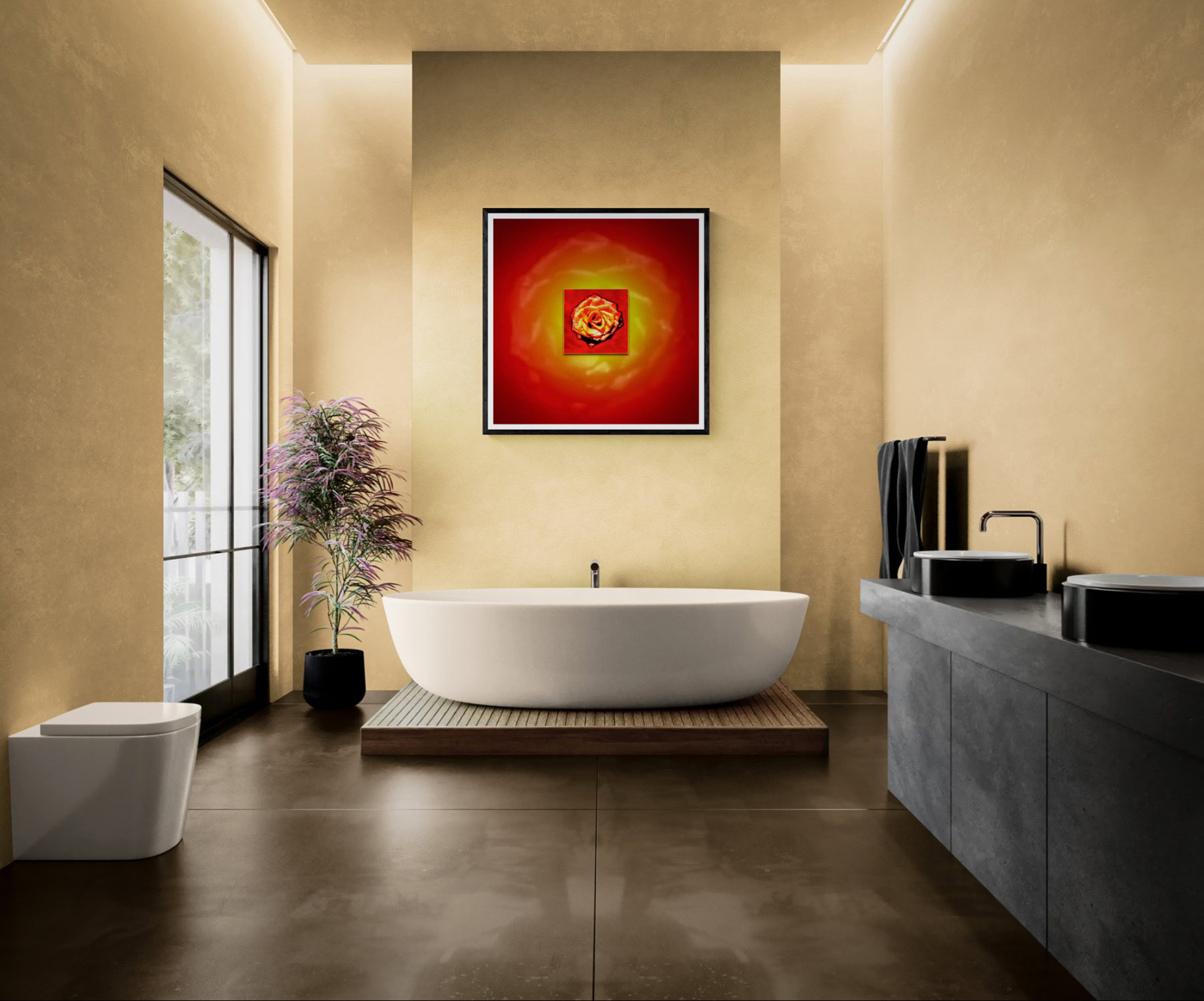 Contemporary bathroom featuring a vibrant abstract art piece on the wall.