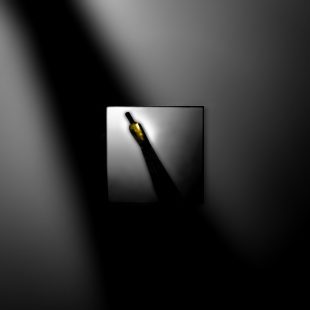 Artistic shadow of a wine bottle with a yellow label on a dark background.