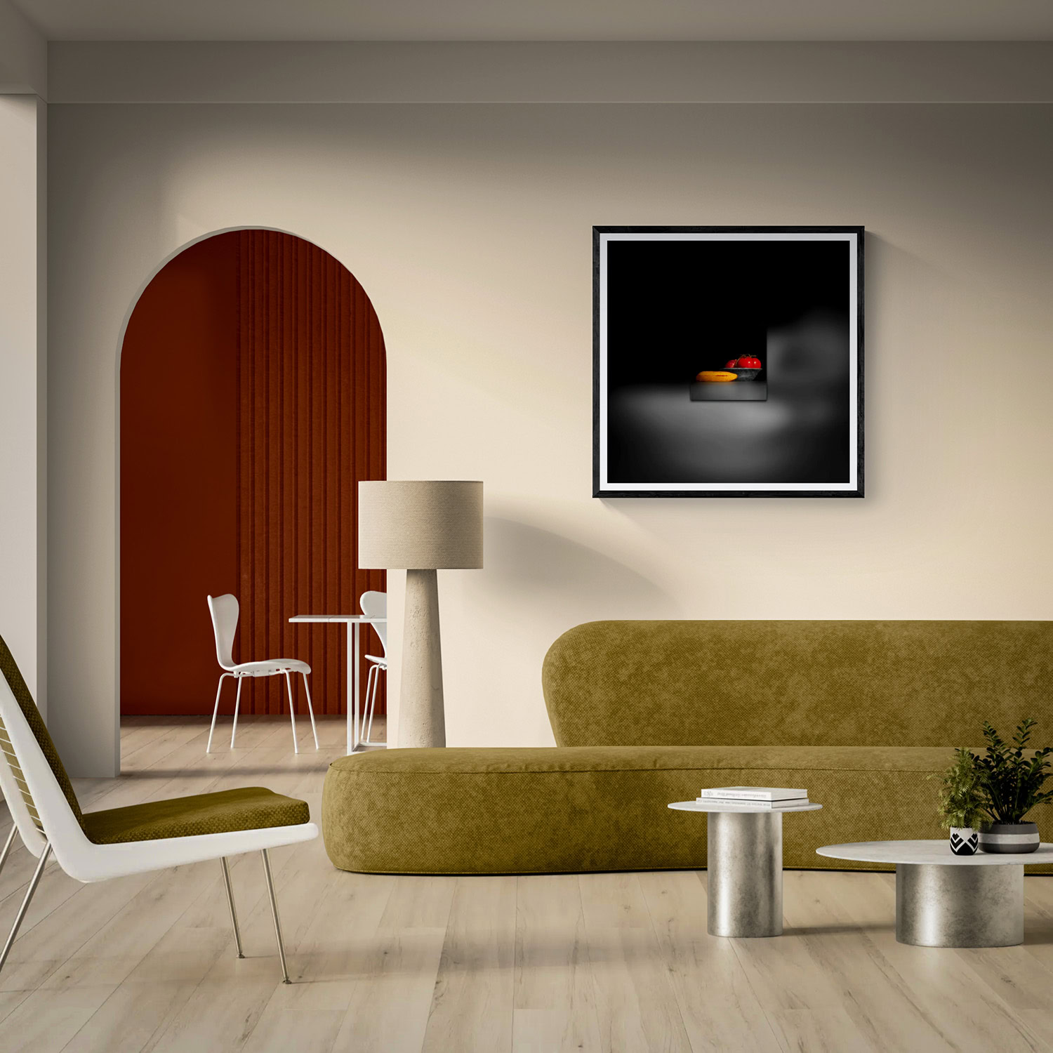 Contemporary art piece in a stylish modern living room setting.
