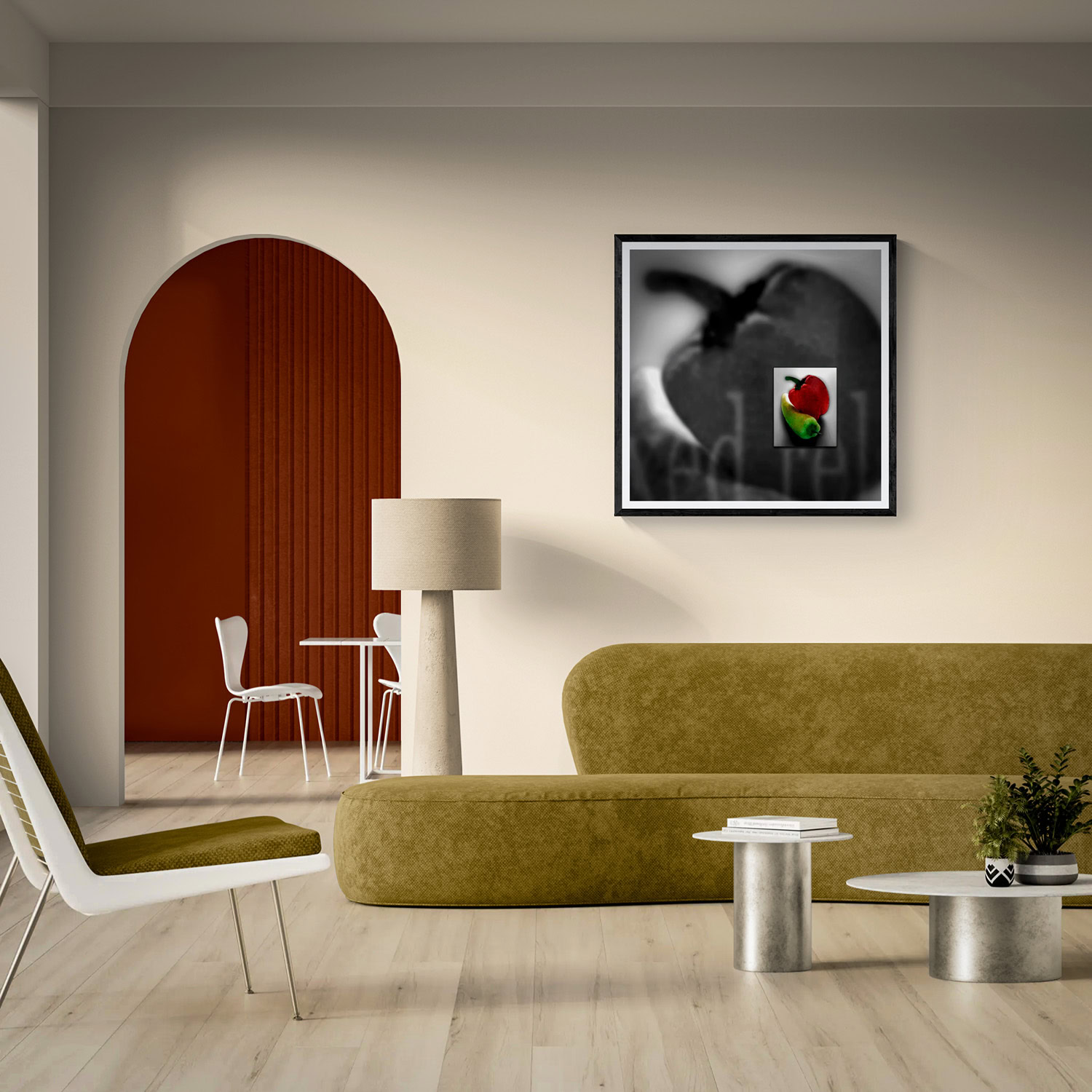 Contemporary living room with abstract art and minimalist furniture.