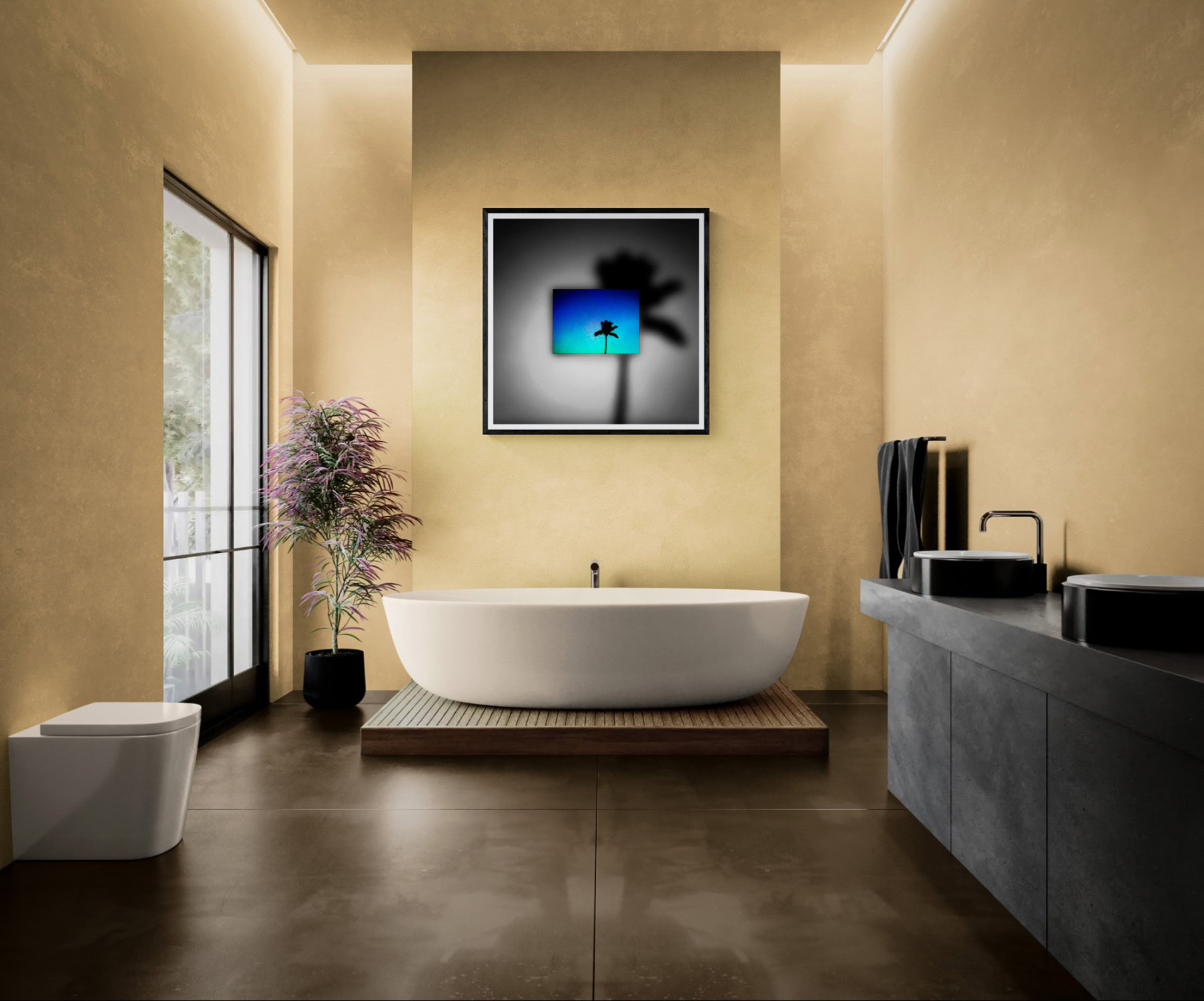 Contemporary bathroom with bathtub, artwork, and natural light.