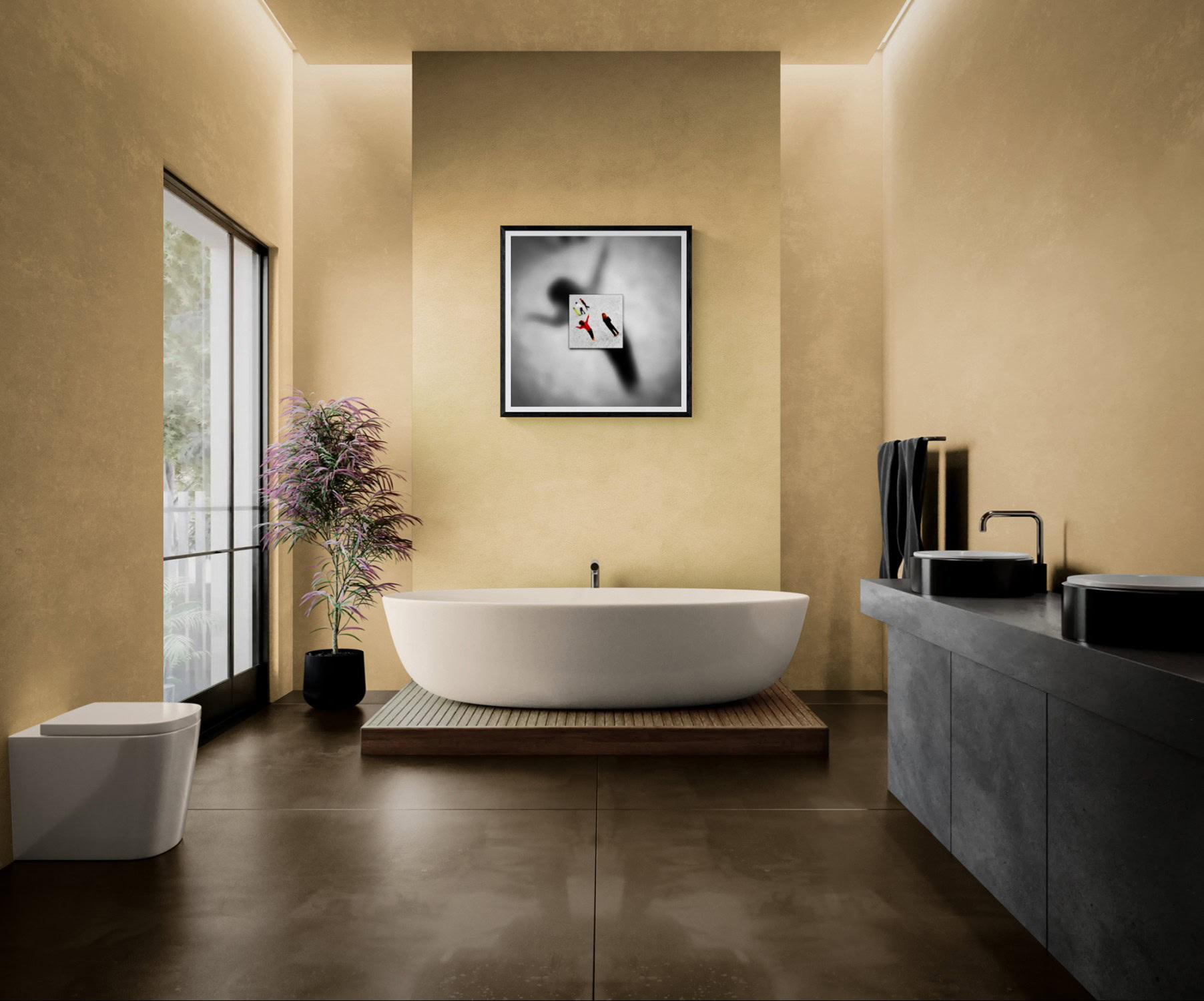Contemporary bathroom with bathtub, artwork, and natural light.