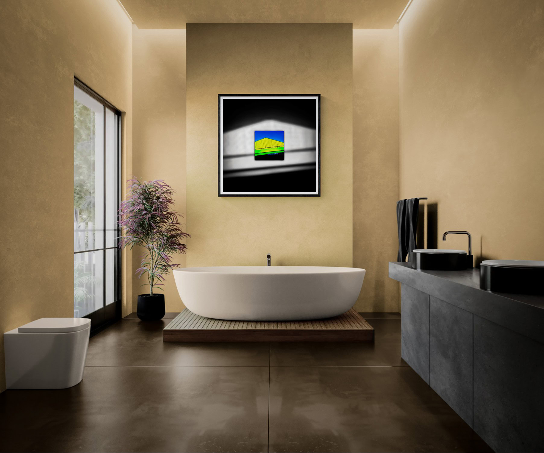 Contemporary bathroom with bathtub, artwork, and natural light.