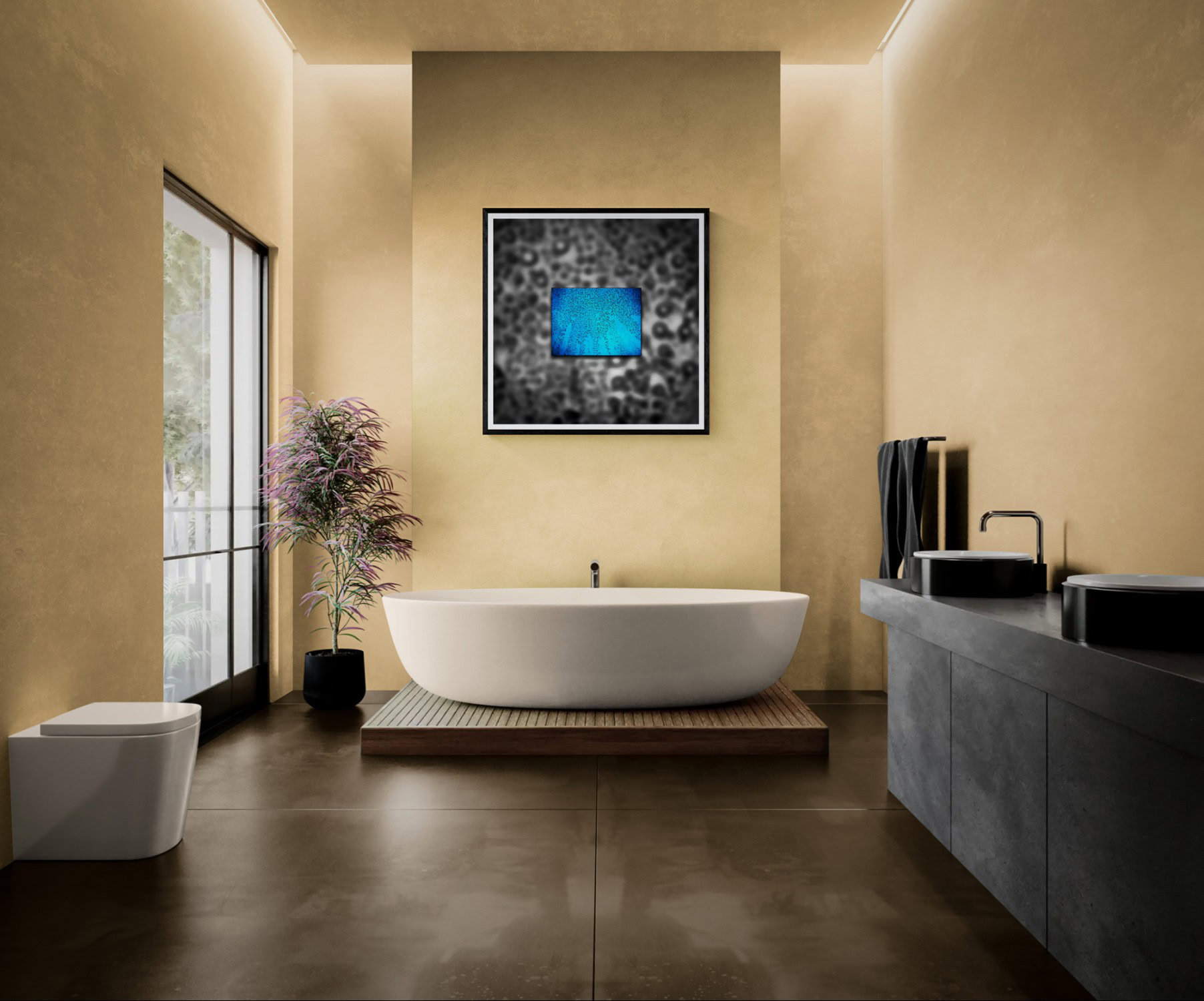 Contemporary bathroom with bathtub, artwork, and minimalist decor.