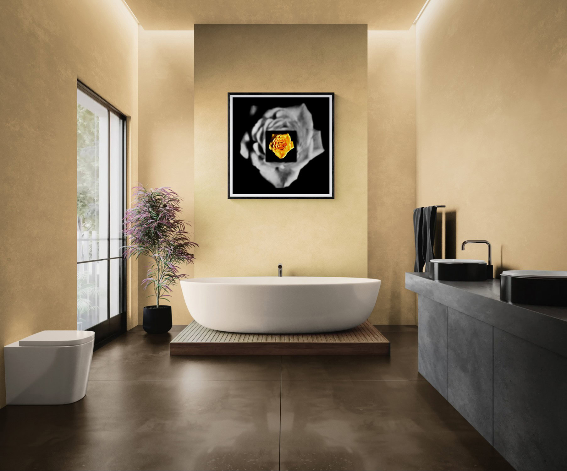 Contemporary bathroom with bathtub, artwork, and natural light.
