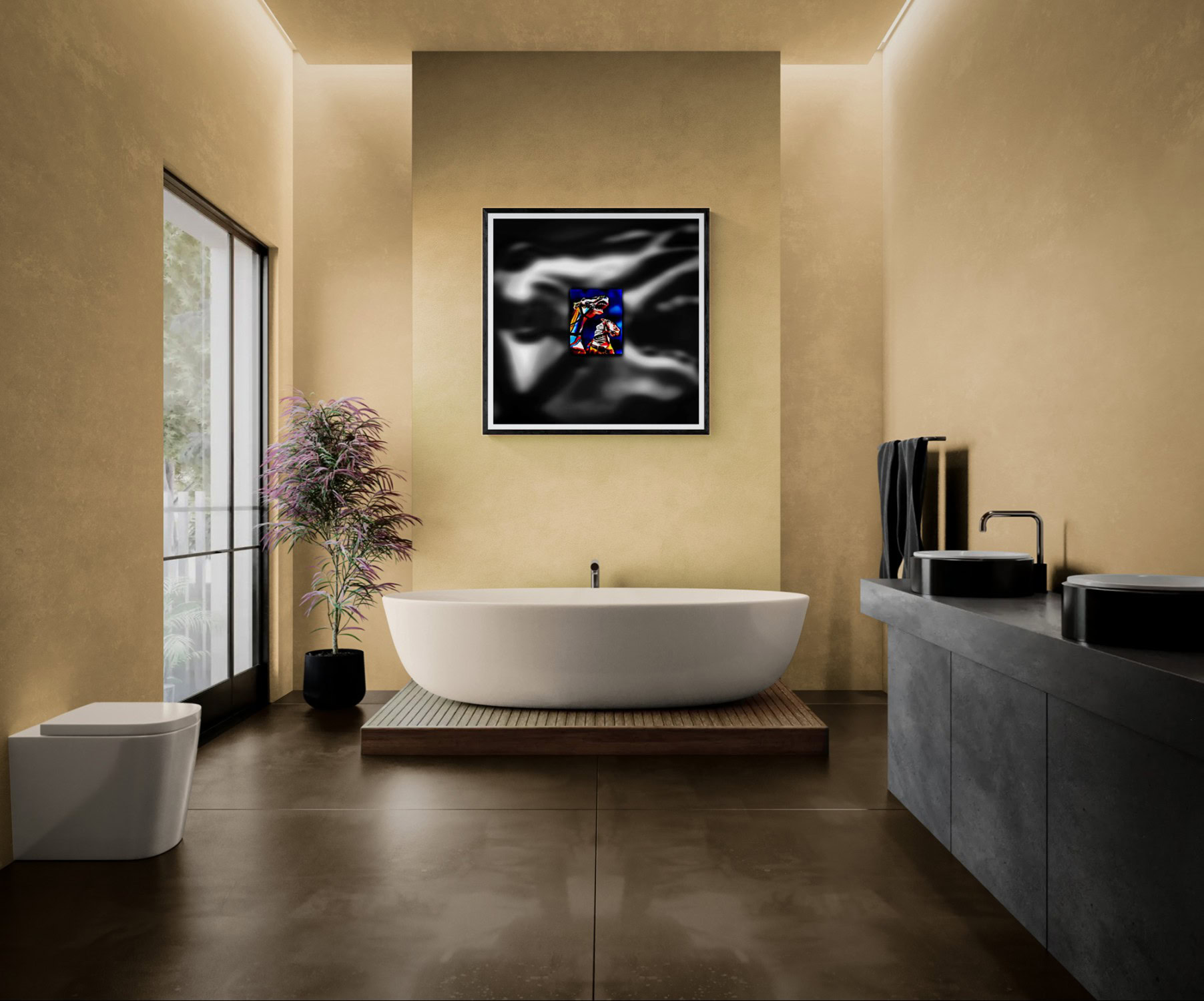 Contemporary bathroom with bathtub, artwork, and minimalist decor.