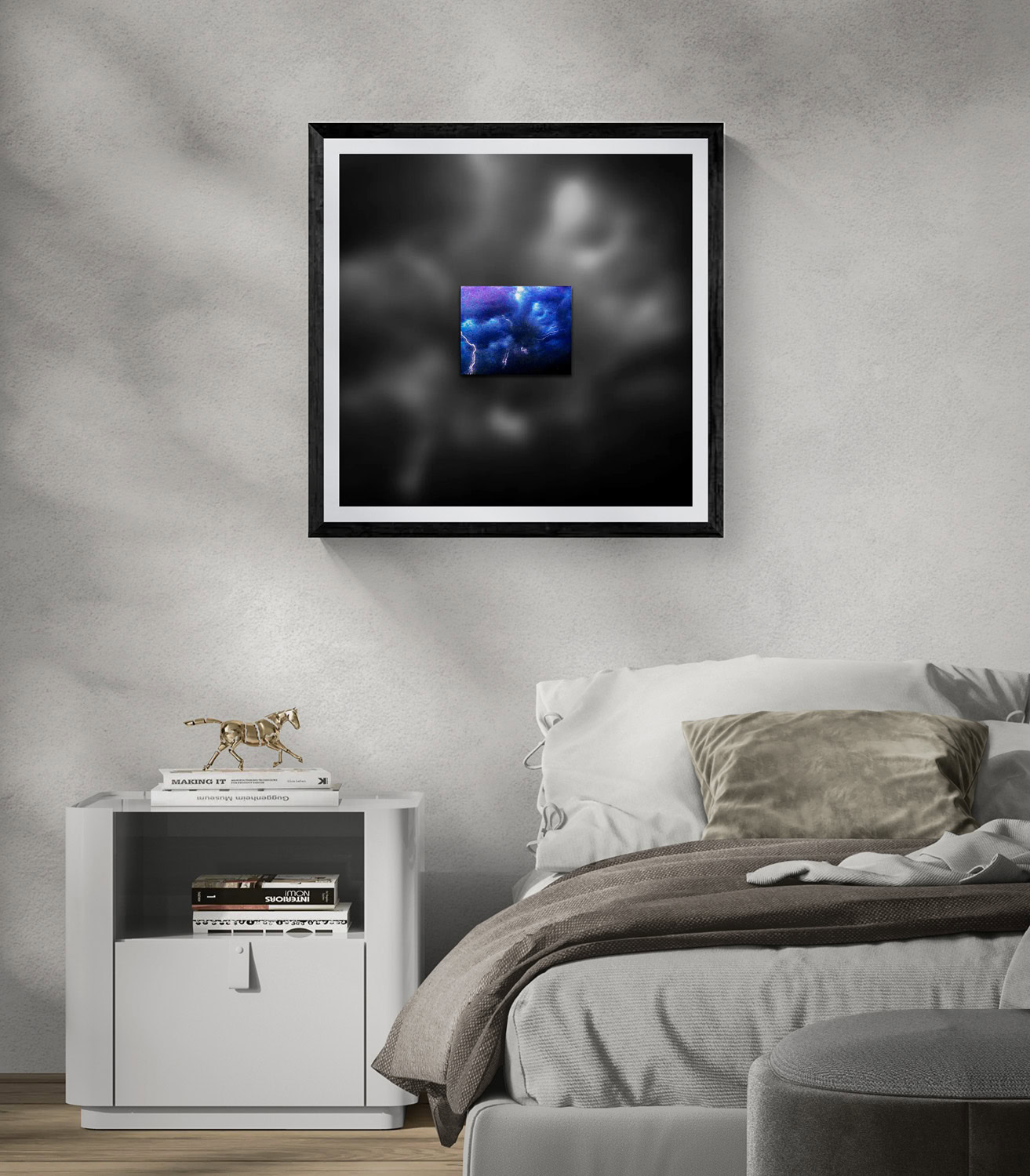 Abstract blue and black artwork in a modern bedroom setting.