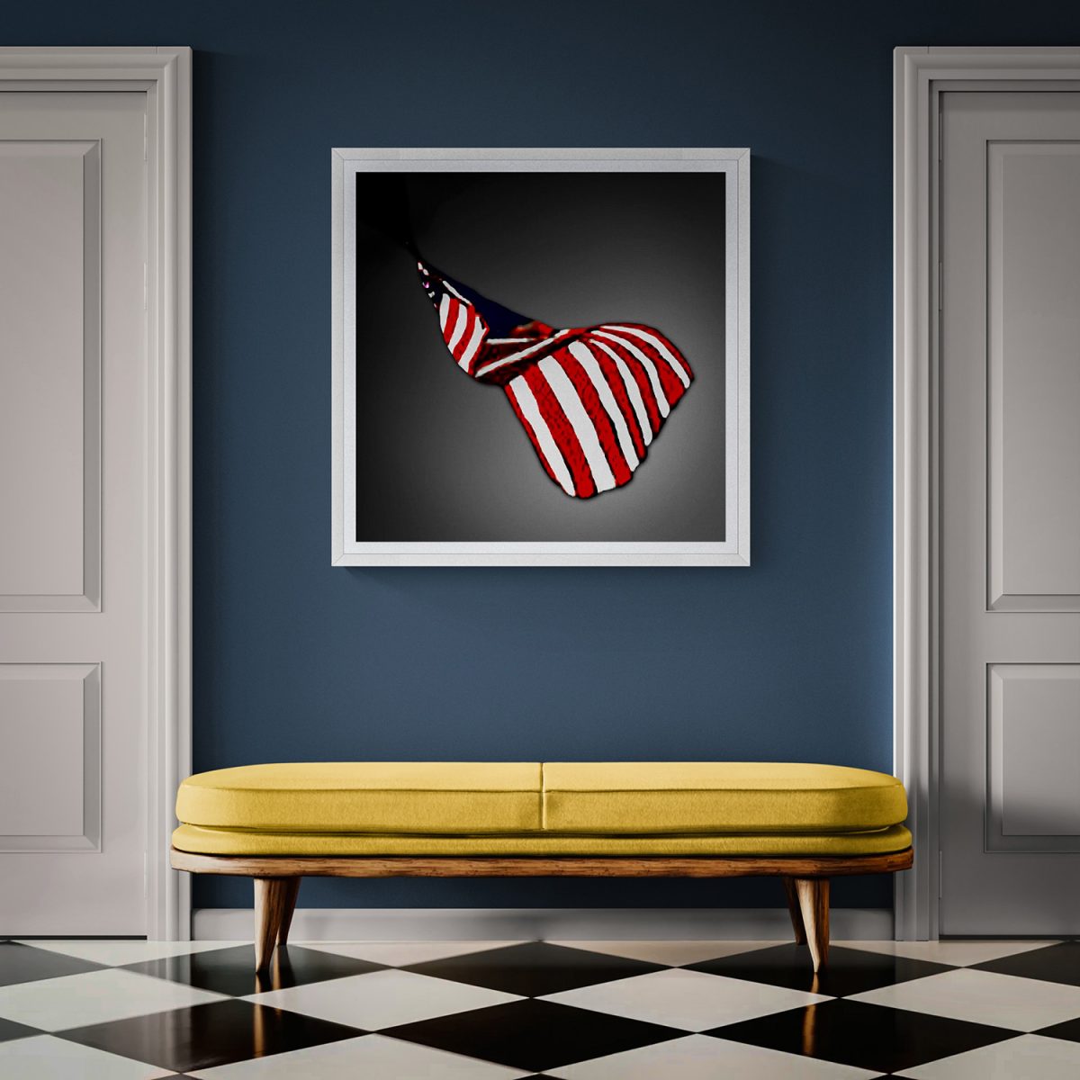 American flag-themed fabric draped in a modern gallery setting.