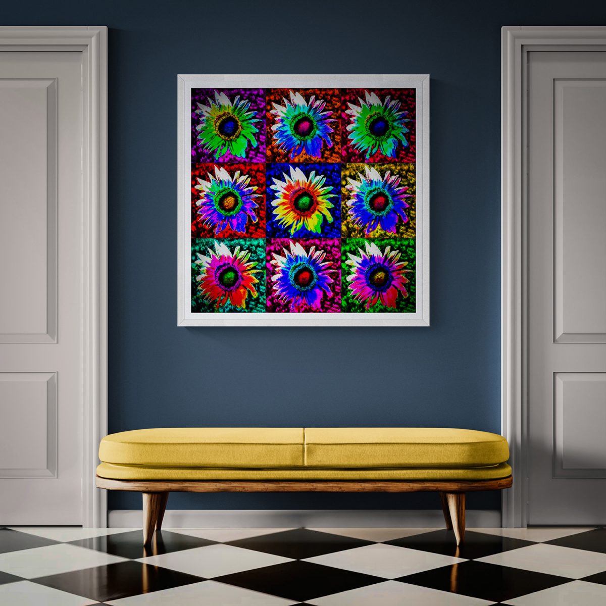 Colorful pop art floral pattern in a white frame on a dark blue wall.
