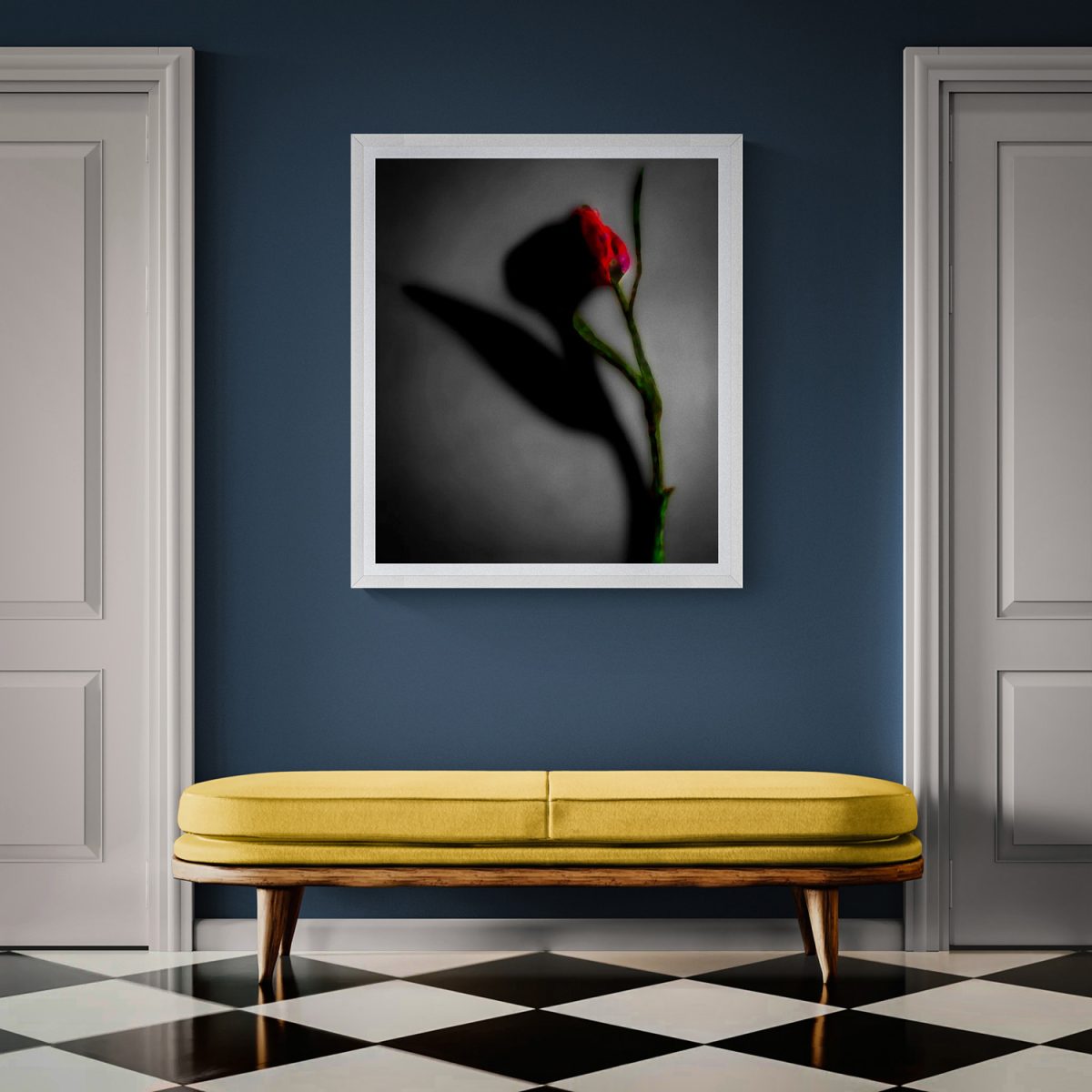 Red flower with shadow on a gray background, framed in white.