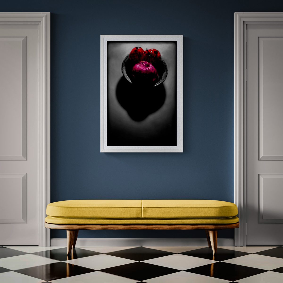 Contemporary art piece featuring a dark background and vibrant red accents.