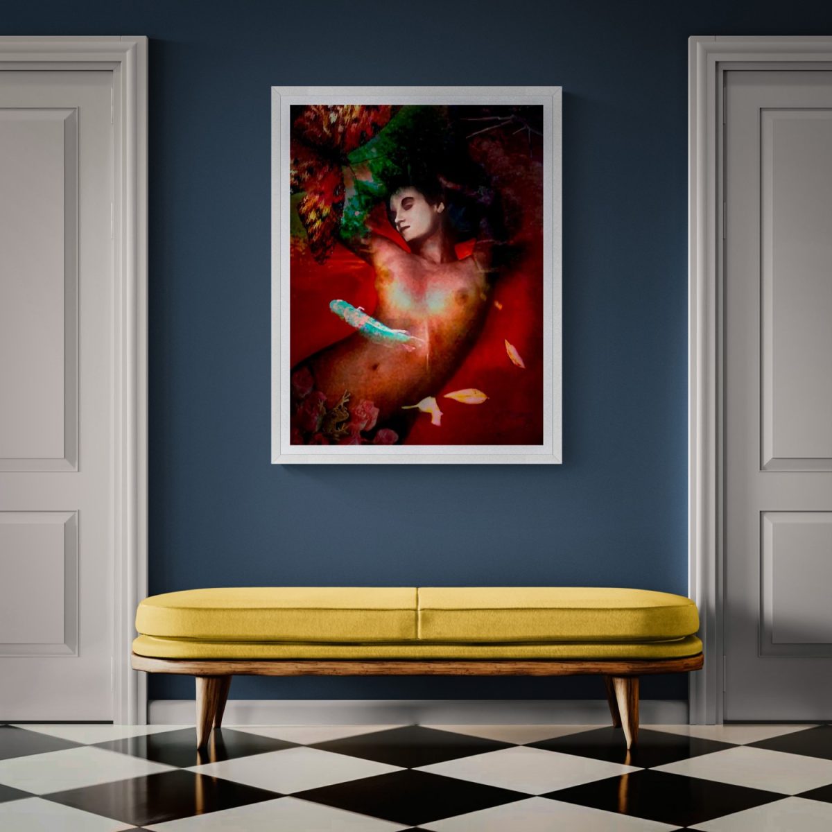 Surreal portrait of a woman with vibrant red and green background elements.