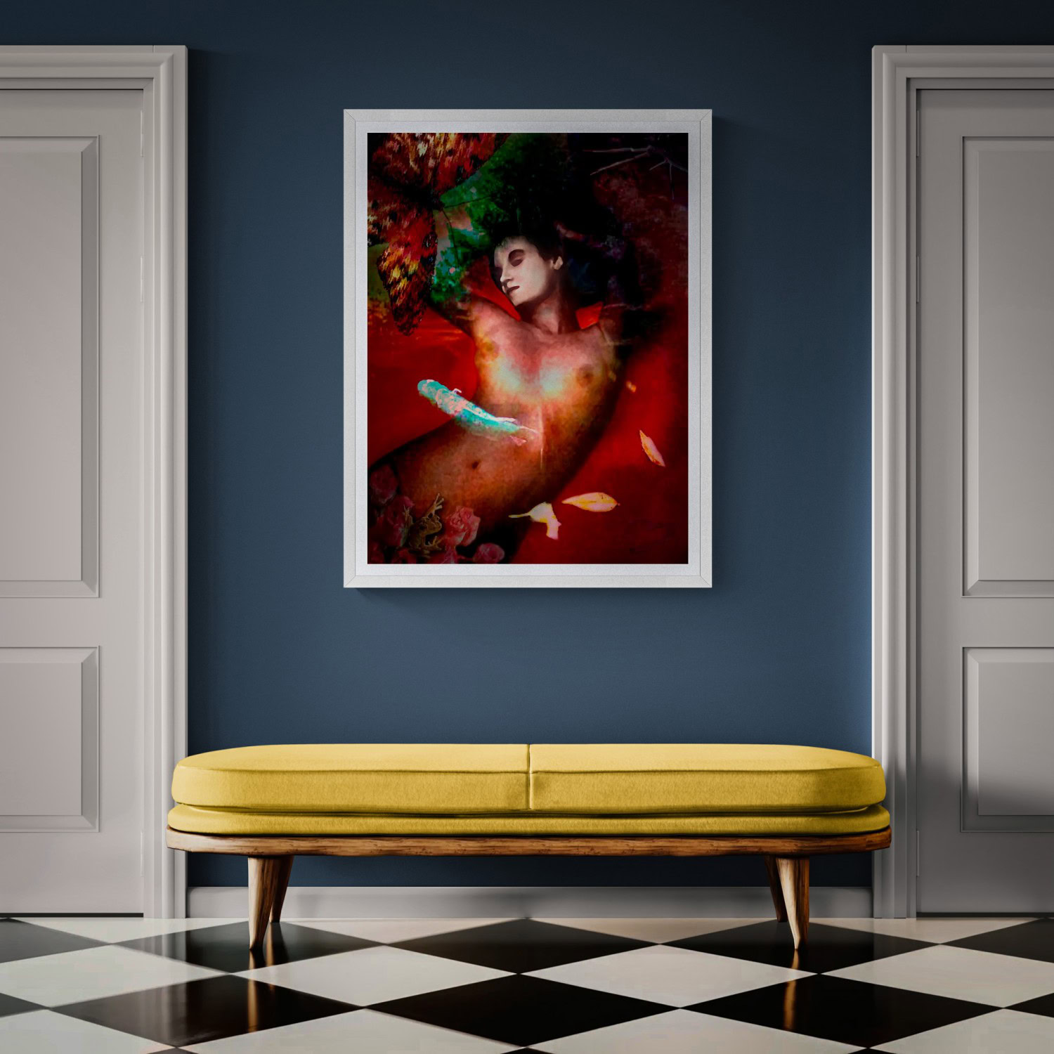 Surreal portrait of a woman with vibrant red and green background elements.