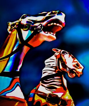 Colorful horse sculpture with dynamic expression and vibrant background.