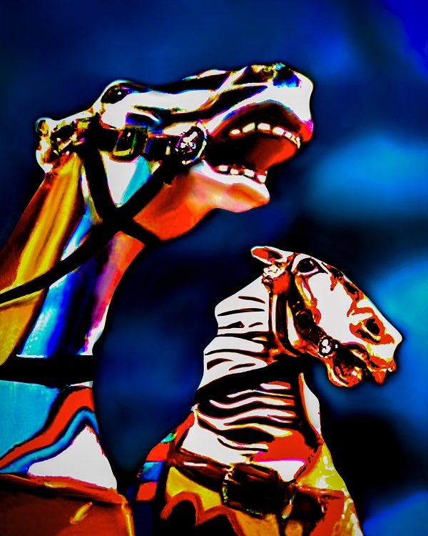 Colorful horse sculpture with dynamic expression and vibrant background.