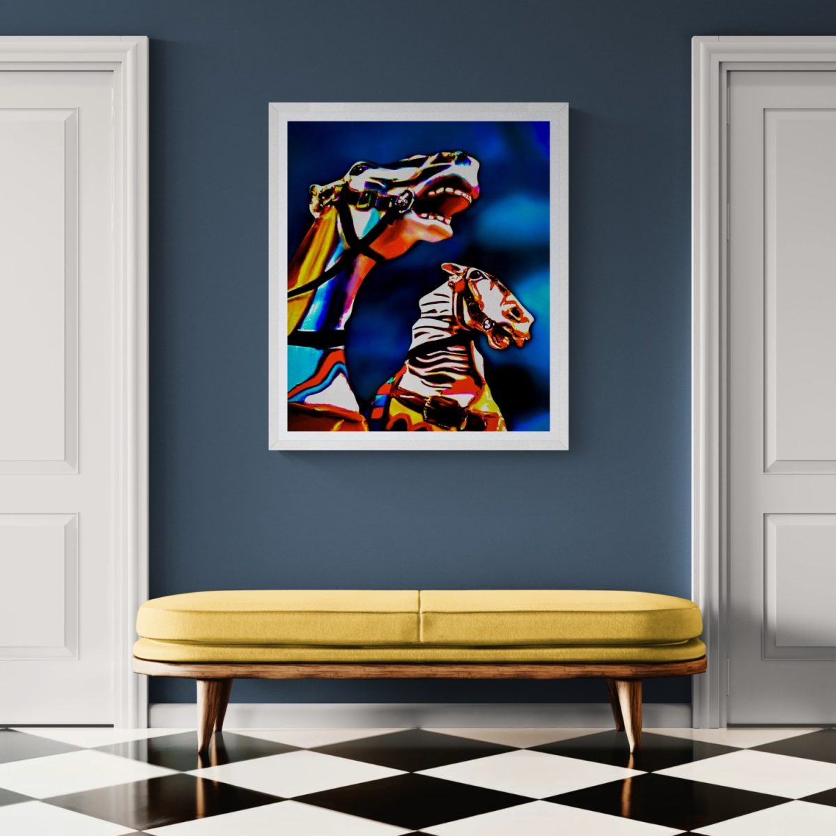 Colorful abstract photograph of two horses on a blue background.