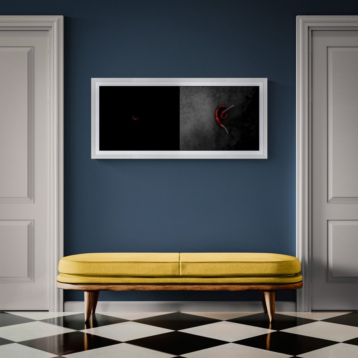 Abstract black and red artwork with dark background and curved shapes.